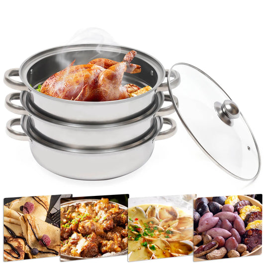3 Tiers Stainless Steel Steamer 28cm Overlapping Steaming Pot Cookware Kitchen Soup Cooker Set Silver with Glass Lid