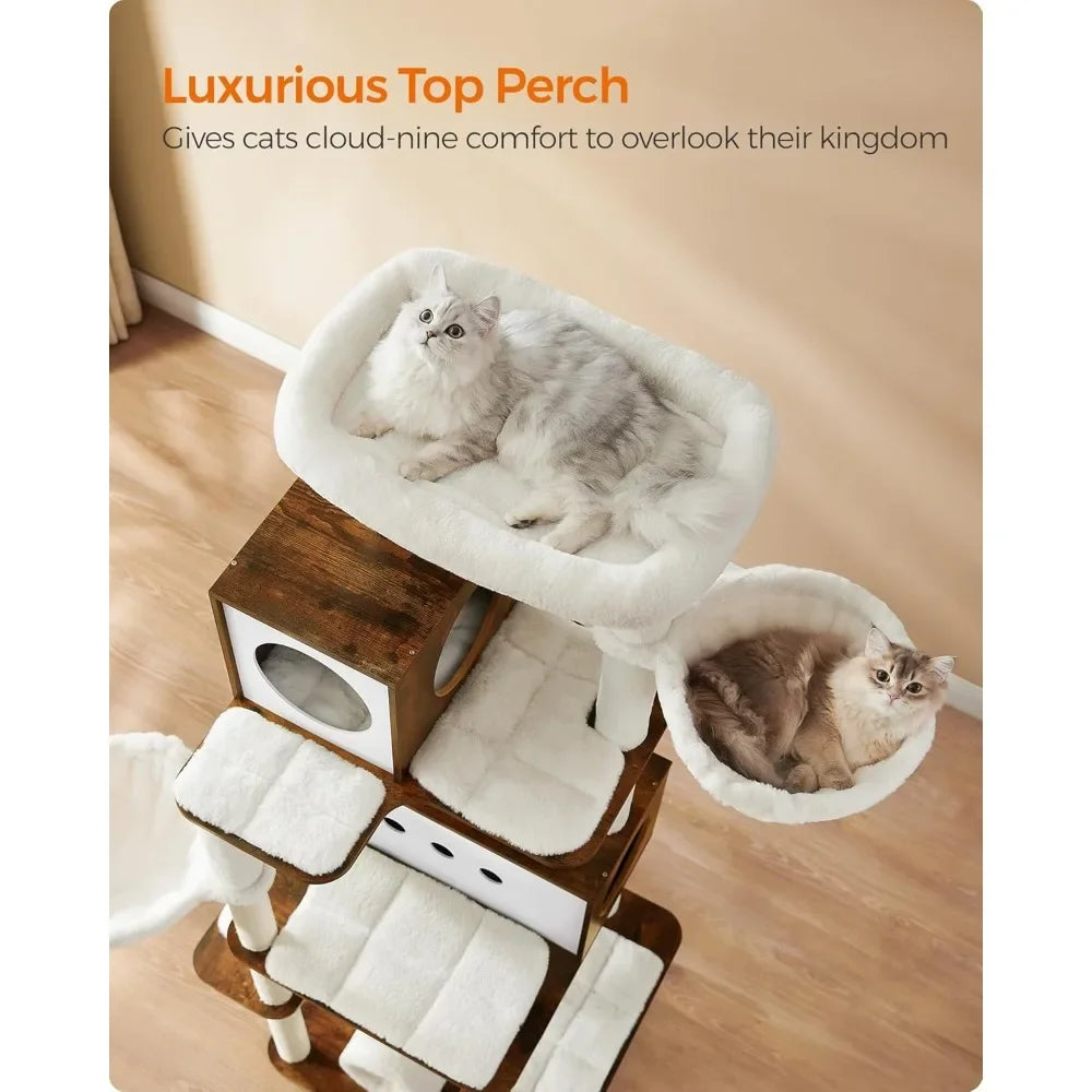 Cat Tree 77.5 Inch Tall Modern Cat Tower for Large Indoor Cats Multi Level Cat Condo with 2 Caves 2 Hammocks 4 Scratch Posts Heather Griege