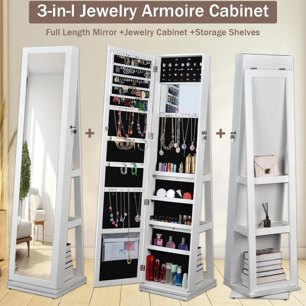 65 Inch Standing Mirror Jewelry Cabinet 360 Swivel