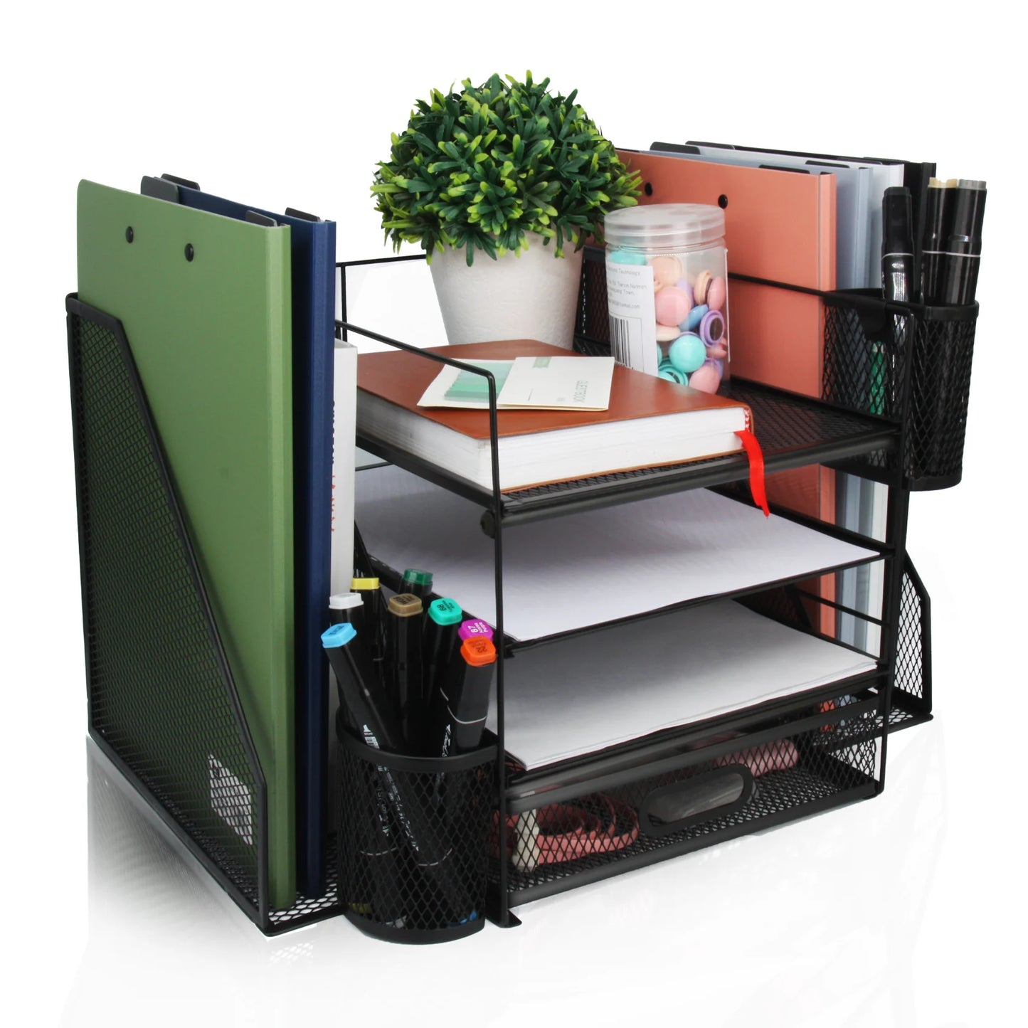 Office Desk Organizer and Accessories Large Capacity Desktop 4 Tray File Organizer with Drawer and 2 Pen Holders for School and Home