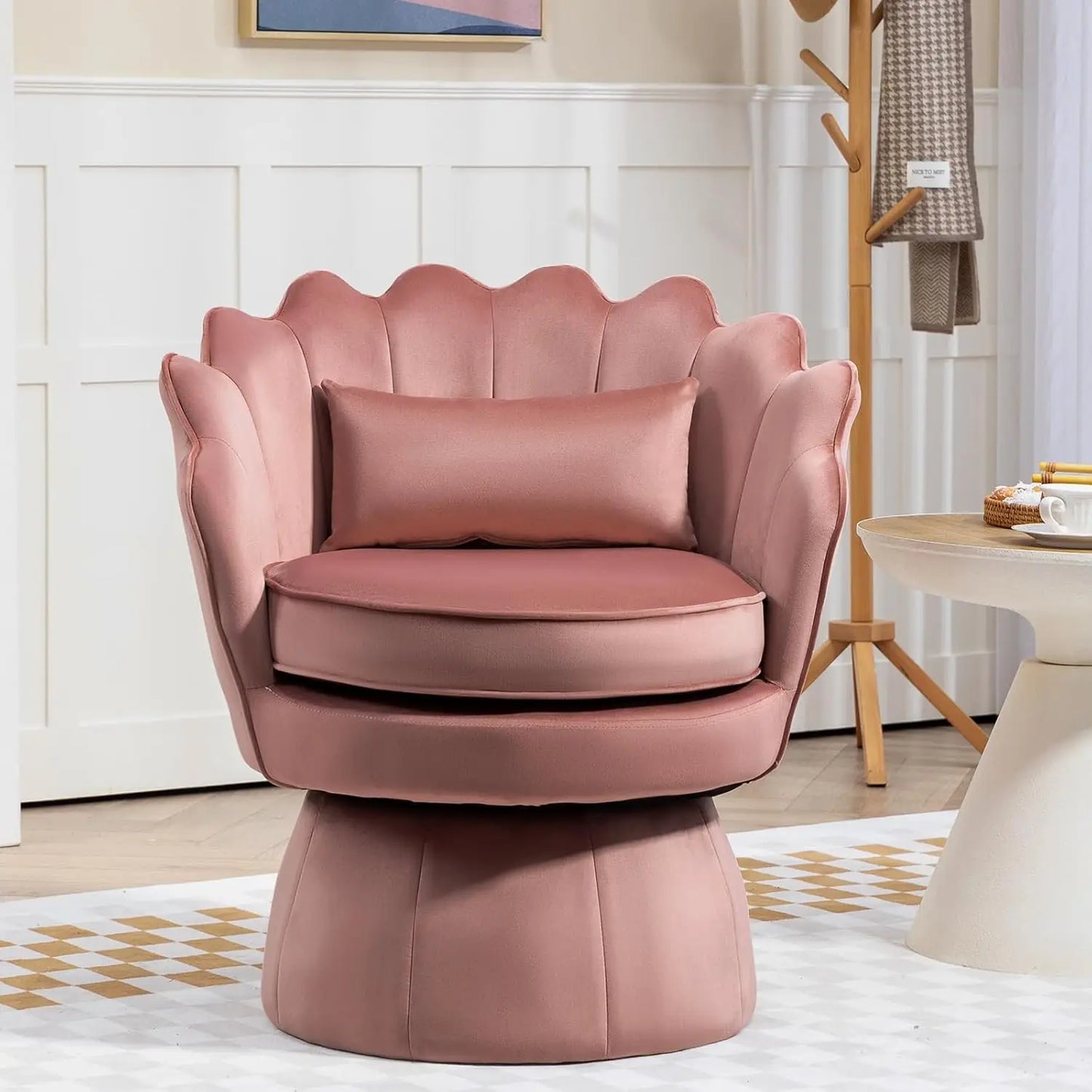 360° Swivel Accent Chair, Mid-Century Modern Velvet Barrel Chair, Comfy Shell Shape Arm Chair with Lumbar Pillow for Living Room