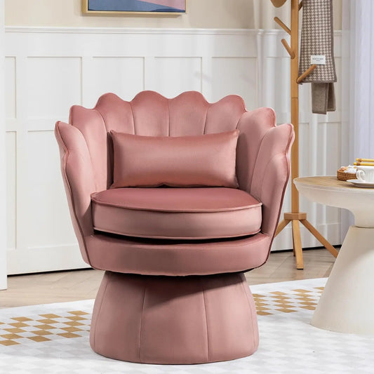 360° Swivel Accent Chair, Mid-Century Modern Velvet Barrel Chair, Comfy Shell Shape Arm Chair with Lumbar Pillow for Living Room