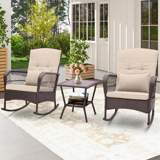 3 Piece Patio Rocker Set Outdoor Wicker Rocking Chairs with Double Layer Coffee Table Beige