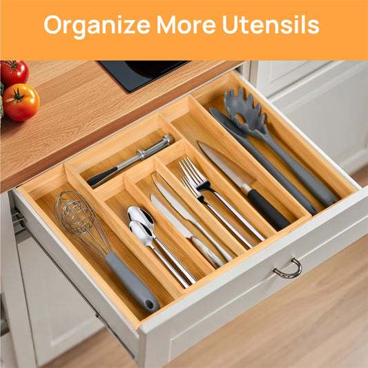 Expandable Bamboo Kitchen Drawer Organizer Adjustable Cutlery Tray for Utensils Silverware and Flatware 5 to 7 Slots