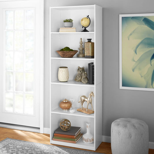 5 Shelf Bookcase with Adjustable Shelves Solid Wood Closed Back Display Bookshelf for Living Room Bedroom Home and Office White