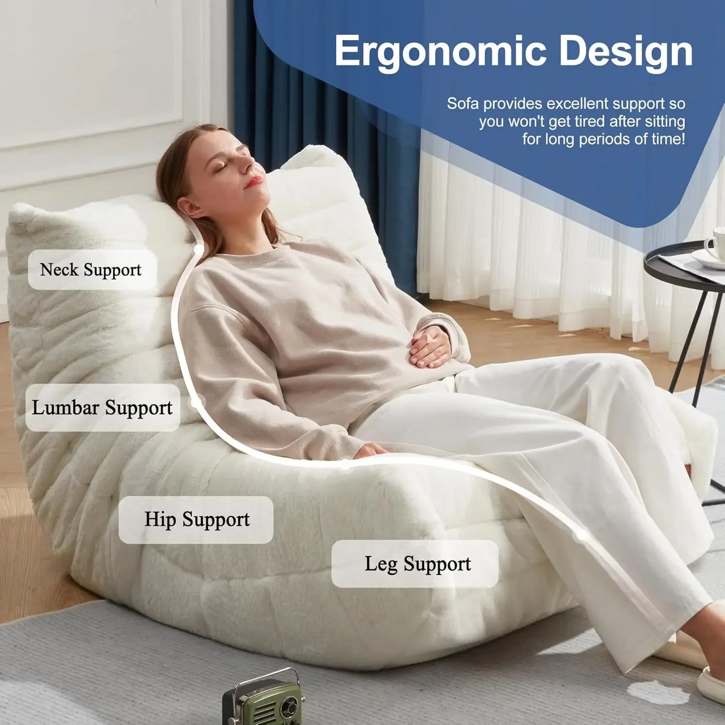 Giant Memory Foam Bean Bag Chair for Adults Big White Plush Faux Fur Sofa for Living Room Bedroom Dorm and Office