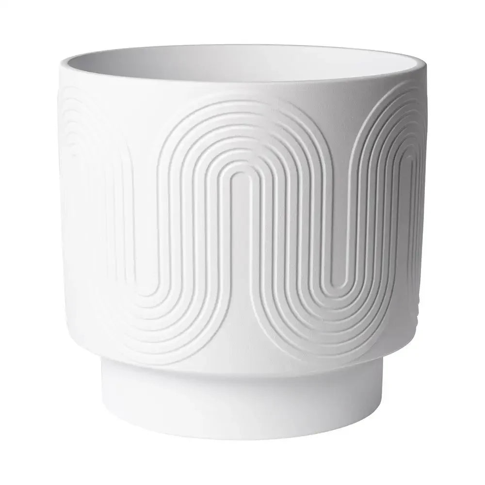 12 Inch White Ceramic Planter Grooved Wave Design Indoor Flower Pot with Drainage Plug
