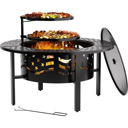 42 Inch Outdoor Fire Pit with 2 Grills Wood Burning Firepit with Cover and Poker Heavy Duty Metal for Outside