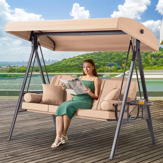 Outdoor Porch Swing with Adjustable Canopy Three Seat Outdoor Swing for Adults Patio Swing Chair with Thickened Cushions Khaki