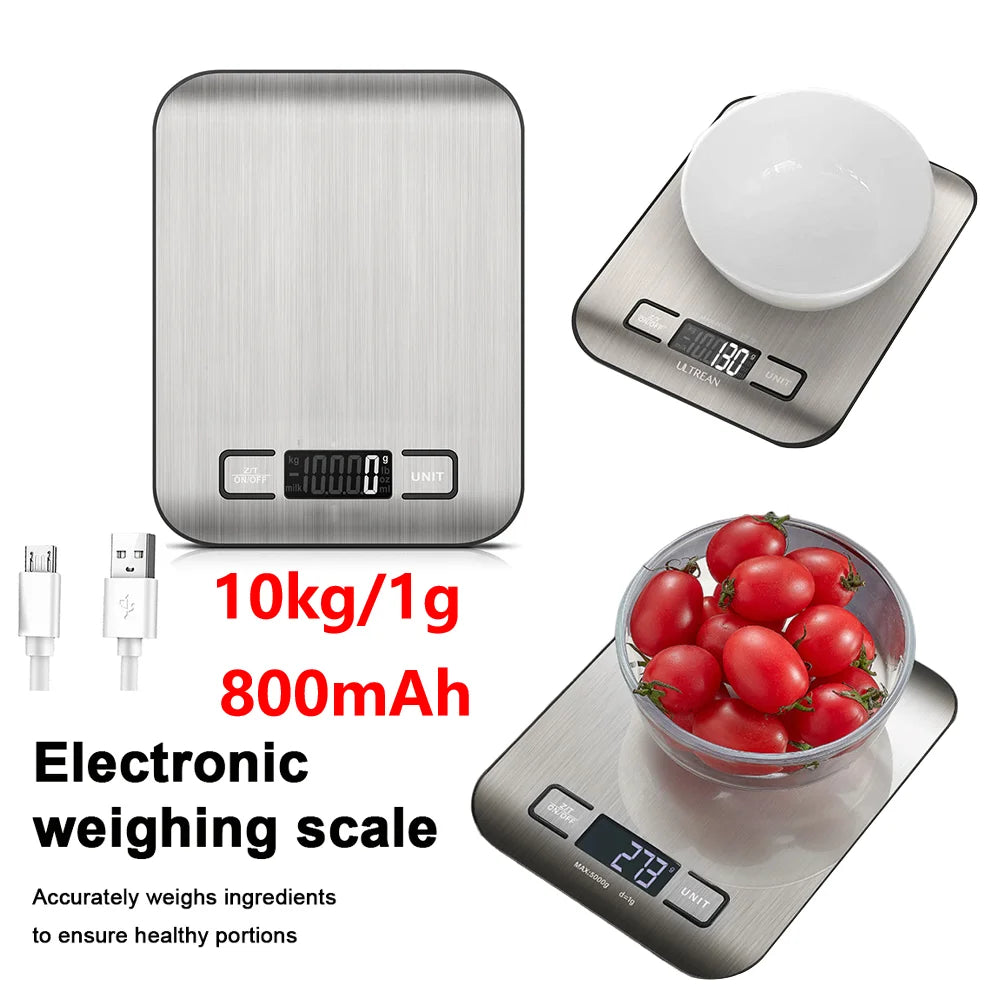 10kg Digital Kitchen Scale USB Charging LCD Display Stainless Steel Electronic Weighing Scale for Food Jewelry and Baking Tools