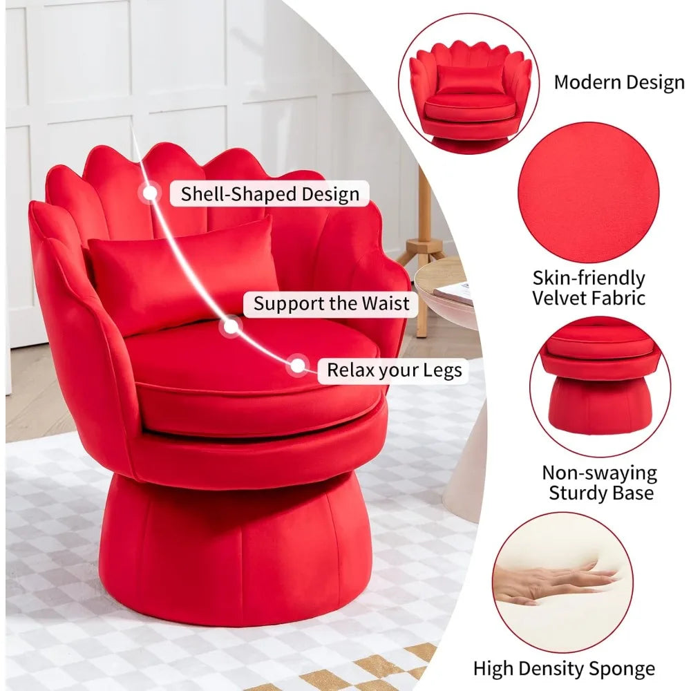 360° Swivel Accent Chair, Mid-Century Modern Velvet Barrel Chair, Comfy Shell Shape Arm Chair with Lumbar Pillow for Living Room