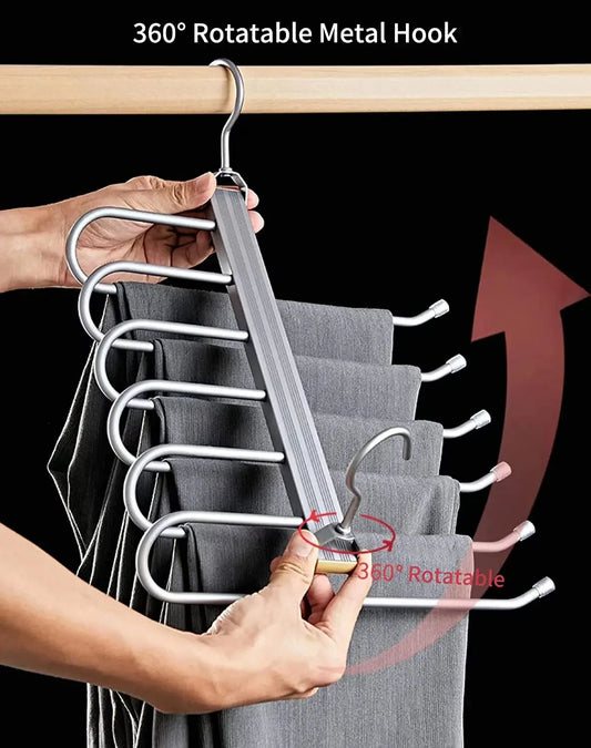 6 Layers Aluminum Pants Hangers Space Saving Jeans Scarf Organizer Multi Functional Closet Heavy Rack for Slacks Skirt Trousers Black