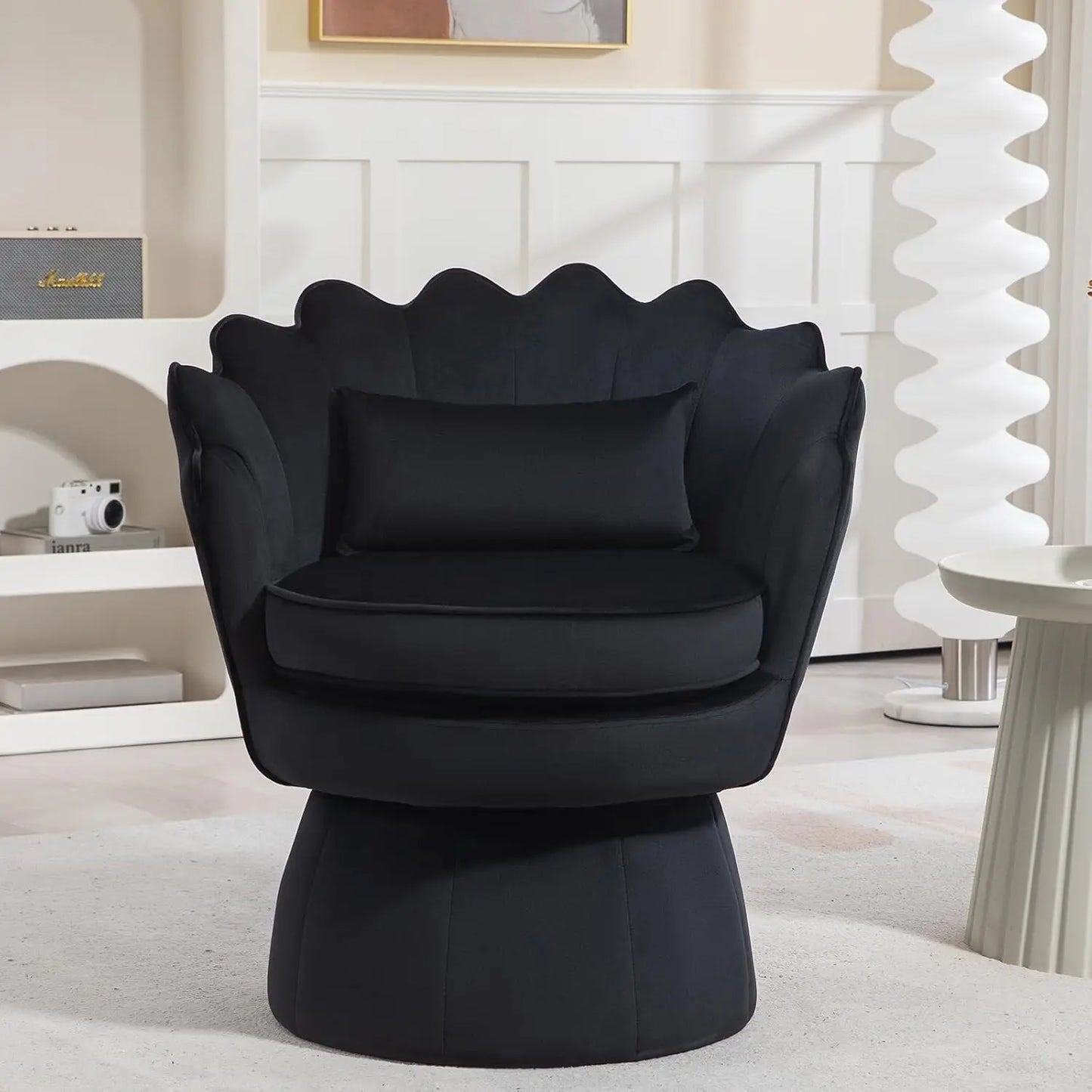 360° Swivel Accent Chair, Mid-Century Modern Velvet Barrel Chair, Comfy Shell Shape Arm Chair with Lumbar Pillow for Living Room