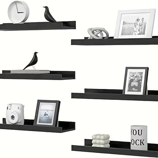 6 Pieces Wall Hanging TV Mezzanine Solid Wood Partition Display Stand for Bedroom and Living Room Black