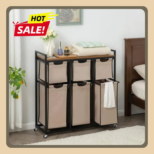 Laundry Basket Organizer with 6 Sliding Sorter Bags Hampers for Laundry 6 Compartments Plastic Bag House Organization