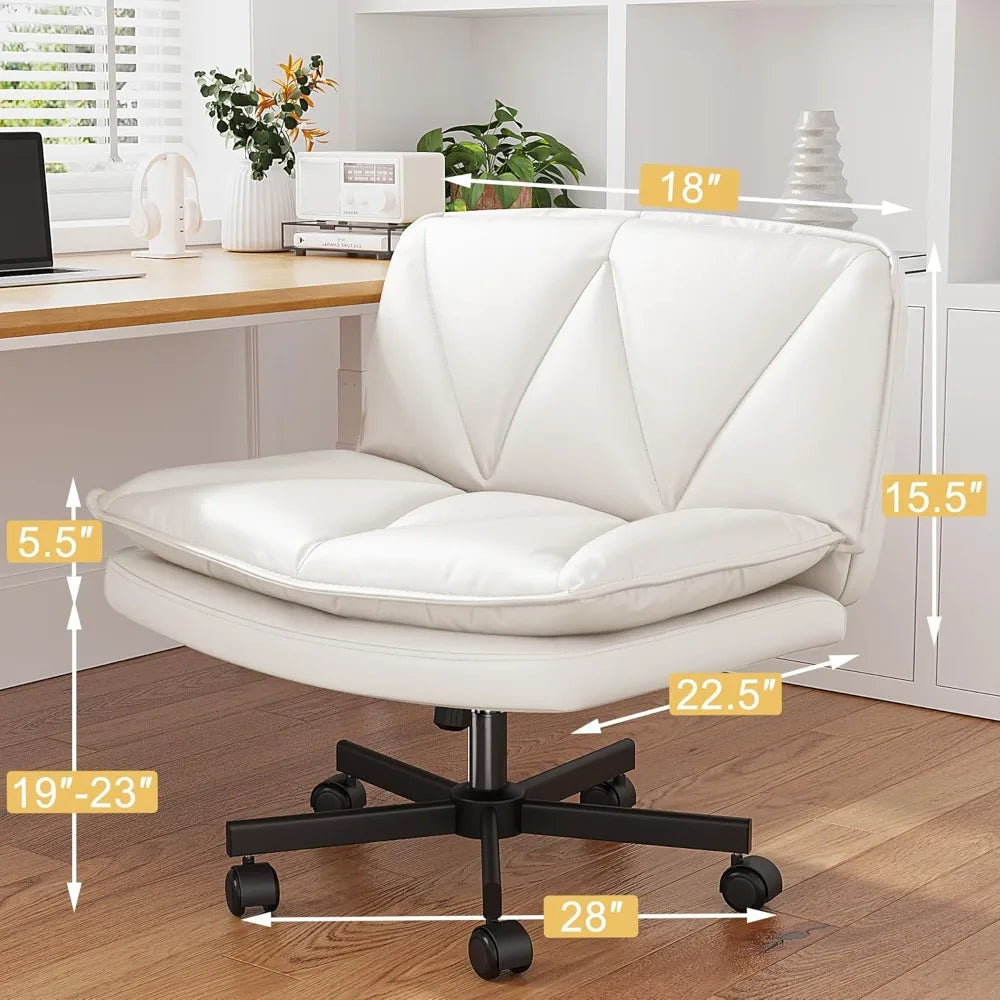 Armless 27 Inch Wide Criss Cross Chair with Wheels Leather Cross Legged Vanity Chair with Two Layer Cushion Swivel Modern Home Office White