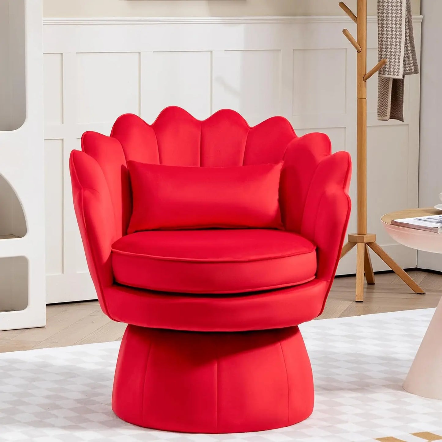 360° Swivel Accent Chair, Mid-Century Modern Velvet Barrel Chair, Comfy Shell Shape Arm Chair with Lumbar Pillow for Living Room