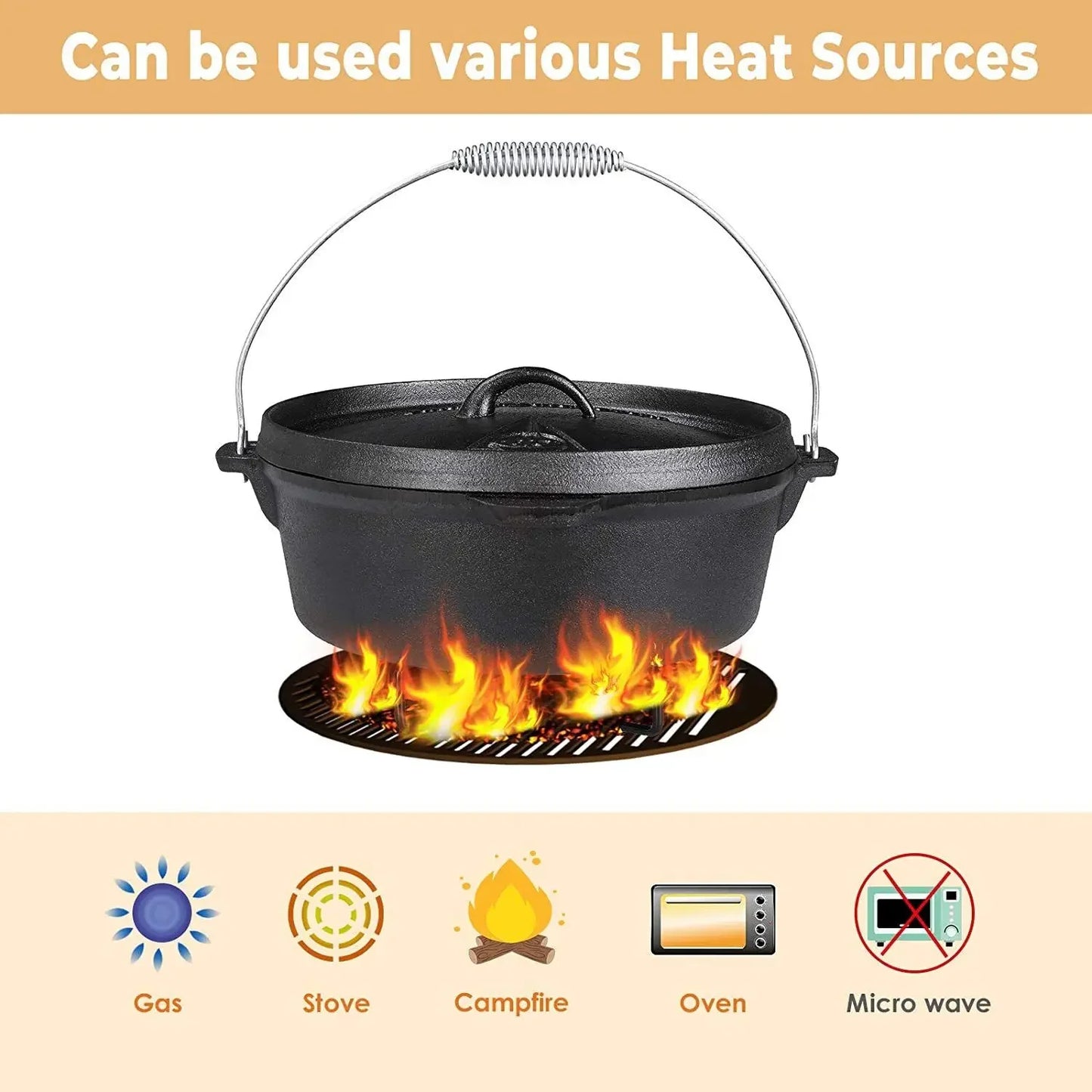 Femor Dutch Oven Cast Iron 5.8 Liter Camping Cookware Casserole for Outdoor Barbecue