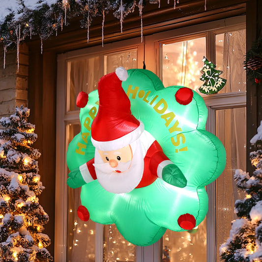 4 Ft Lighted Christmas Inflatable Santa with Wreath Breaking Out from Window Large Blow Up Hanging Decoration