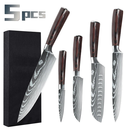 5PCS Japanese Kitchen Knives Set Professional Laser Damascus Pattern Stainless Steel Meat Cleaver Slicer Knife