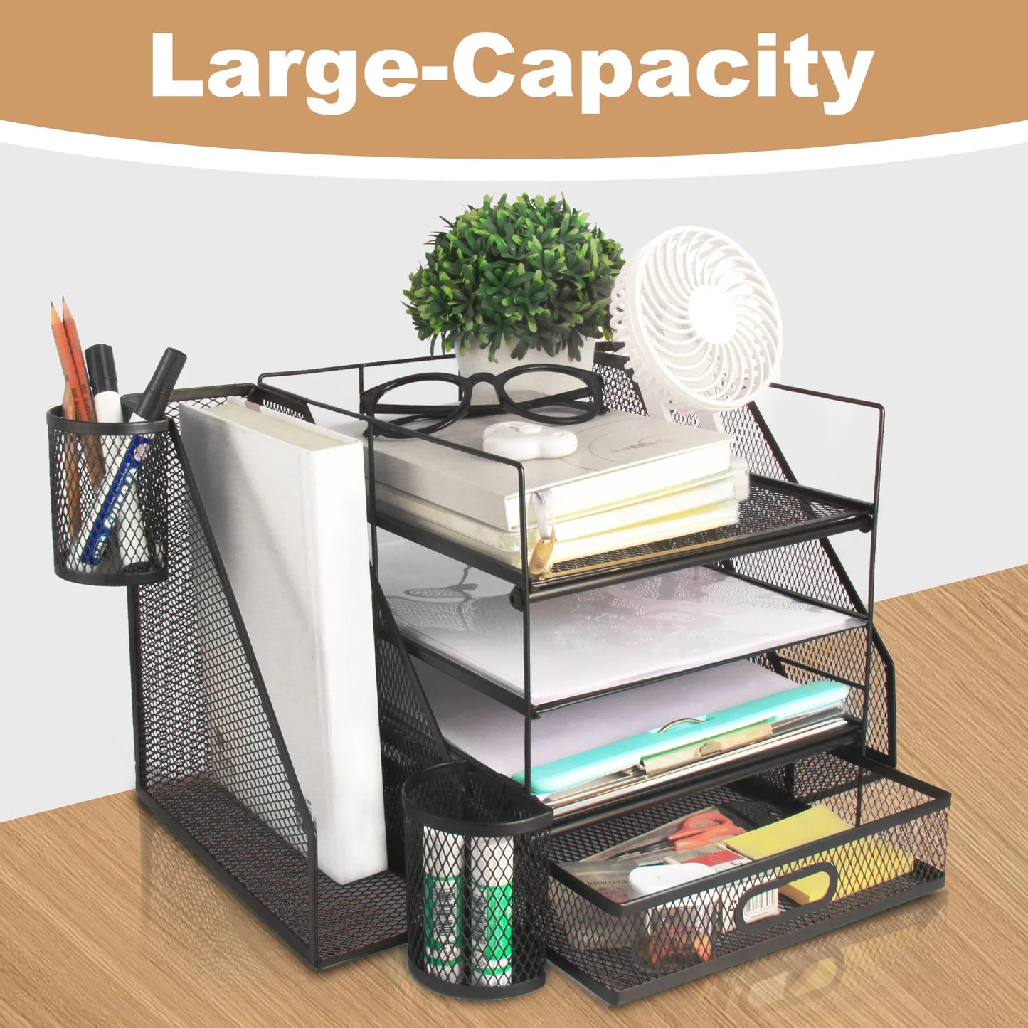 Office Desk Organizer and Accessories Large Capacity Desktop 4 Tray File Organizer with Drawer and 2 Pen Holders for School and Home