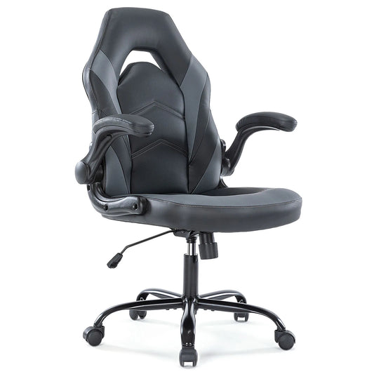 JHK Ergonomic Office Computer Gaming Desk Chair Adjustable PU Leather Racing Chair with Flip-Up Armrest Grey