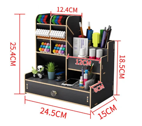 Wooden Desk Organizer DIY Desktop Tidy Pen Holder Large Capacity Stationery Storage Box with Drawer for Home Office and School Black