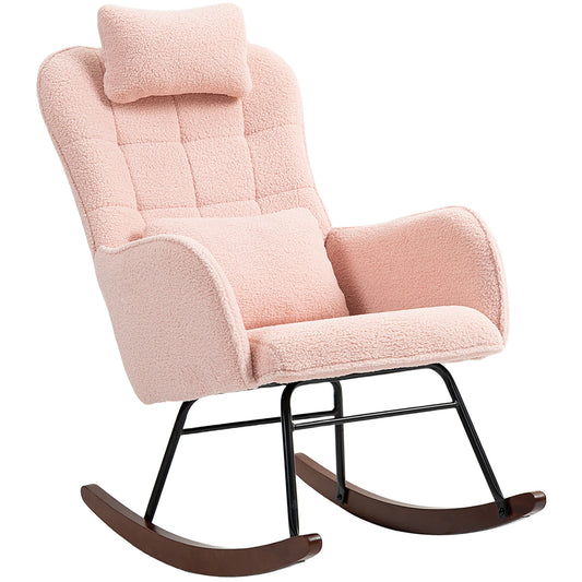 Homcom Boucle Rocking Chair with Headrest and Lumbar Pillow Pink
