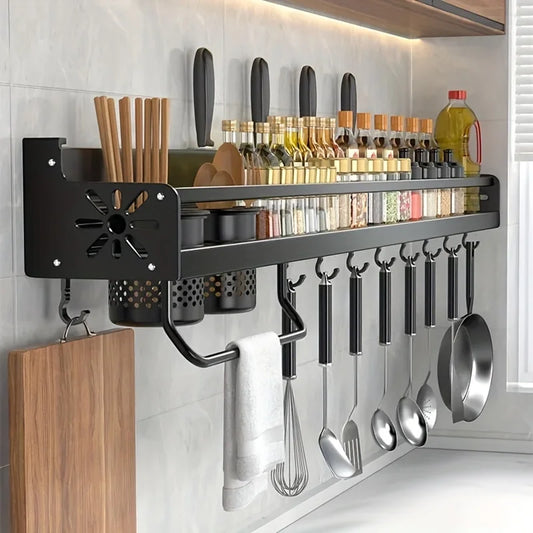 Wall Mounted Spice Rack With Hooks For Kitchen Utensils
