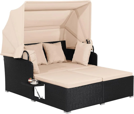 Outdoor Hand Woven PE Wicker Daybed Patio Loveseat Sofa Set with Retractable Canopy and 2 Side Tables