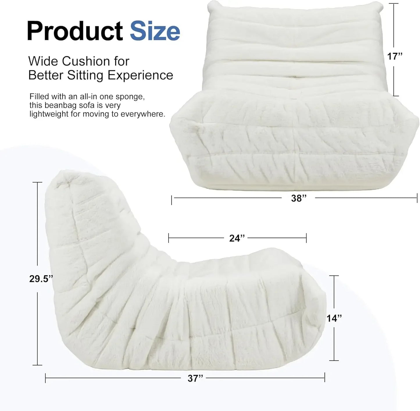 Giant Memory Foam Bean Bag Chair for Adults Big White Plush Faux Fur Sofa for Living Room Bedroom Dorm and Office