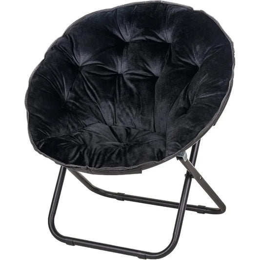 Saucer Chair for Adults Folding Moon Chair with Metal Frame Faux Fur for Bedroom Living Room Dorm Room Apartment Black